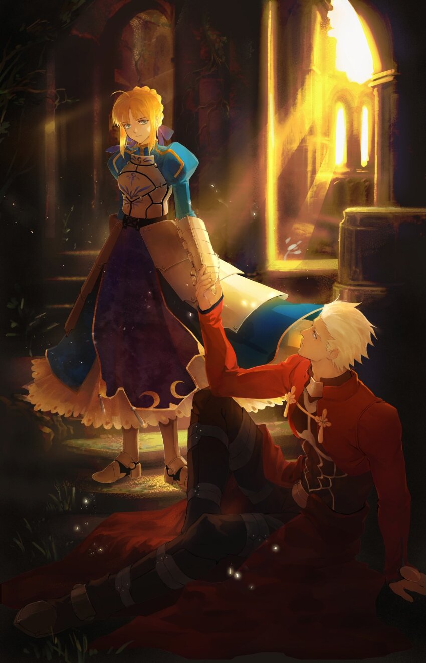 1boy 1girl antatica11 archer_(fate) armor armored_dress artoria_pendragon_(fate) blonde_hair coat commentary_request dark-skinned_male dark_skin dress duplicate fate/grand_order fate/stay_night fate_(series) highres holding_hands pixel-perfect_duplicate red_coat saber_(fate) white_hair