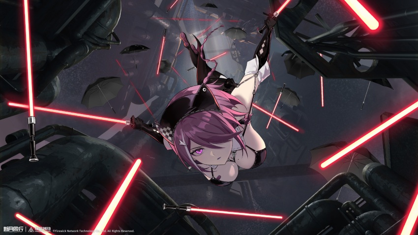 1girl absurdres black_gloves black_leotard black_umbrella bob_cut breasts copyright_name copyright_notice elbow_gloves energy_sword falling from_below full_body gloves hair_ornament hair_over_one_eye highres holding holding_sword holding_weapon industrial_pipe large_breasts leotard lightsaber logo looking_at_viewer official_art official_wallpaper one_eye_covered purple_eyes purple_hair red_lightsaber short_hair solo spaghetti_strap sword too_many_umbrellas too_many_weapons umbrella upside-down weapon xinyue_tongxing yuren_(xinyue_tongxing)