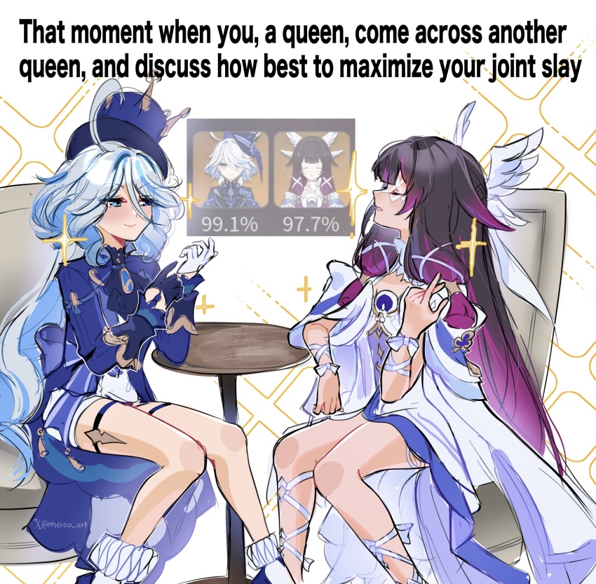 2girls absurdres arm_ribbon ascot black_hair blue_eyes blue_hair chair closed_mouth columbina_(genshin_impact) commentary cowlick dress elbow_rest english_commentary english_text eye_mask facing_another feet_out_of_frame from_side furina_(genshin_impact) genshin_impact hair_between_eyes hair_ribbon half-closed_eyes hat head_wings highres jacket leg_ribbon light_smile long_hair long_sleeves looking_at_another mask meroo_art multicolored_hair multiple_girls on_chair parted_lips purple_hair ribbon screenshot_inset shorts sitting sparkle table top_hat two-tone_hair very_long_hair white_hair white_ribbon wings