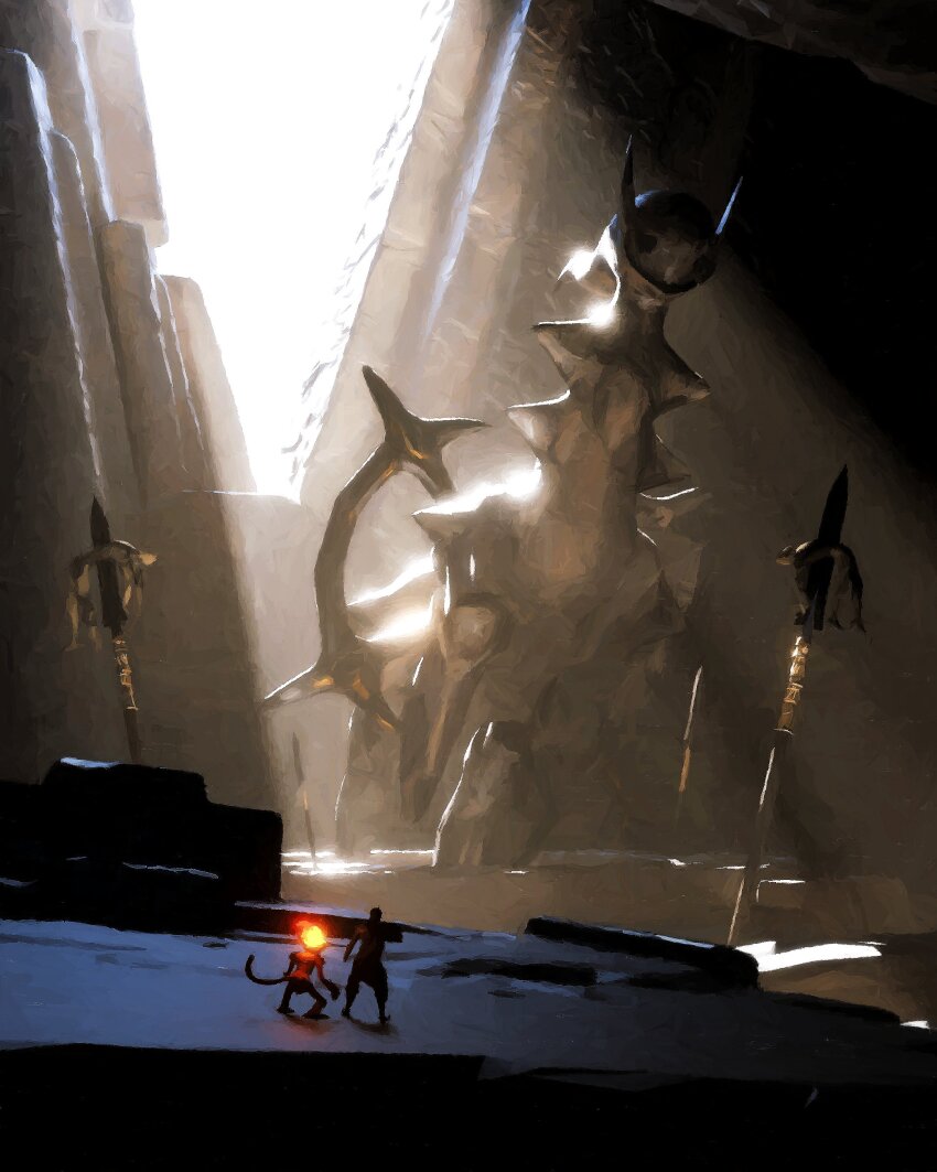 absurdres arceus commentary english_commentary fiery_hair fire gen_4_pokemon highres horns huge_weapon infernape legendary_pokemon light_rays monkey mythical_pokemon nintendo pokemon pokemon_(creature) polearm rivalclay ruins spear spikes standing statue sunbeam sunlight weapon