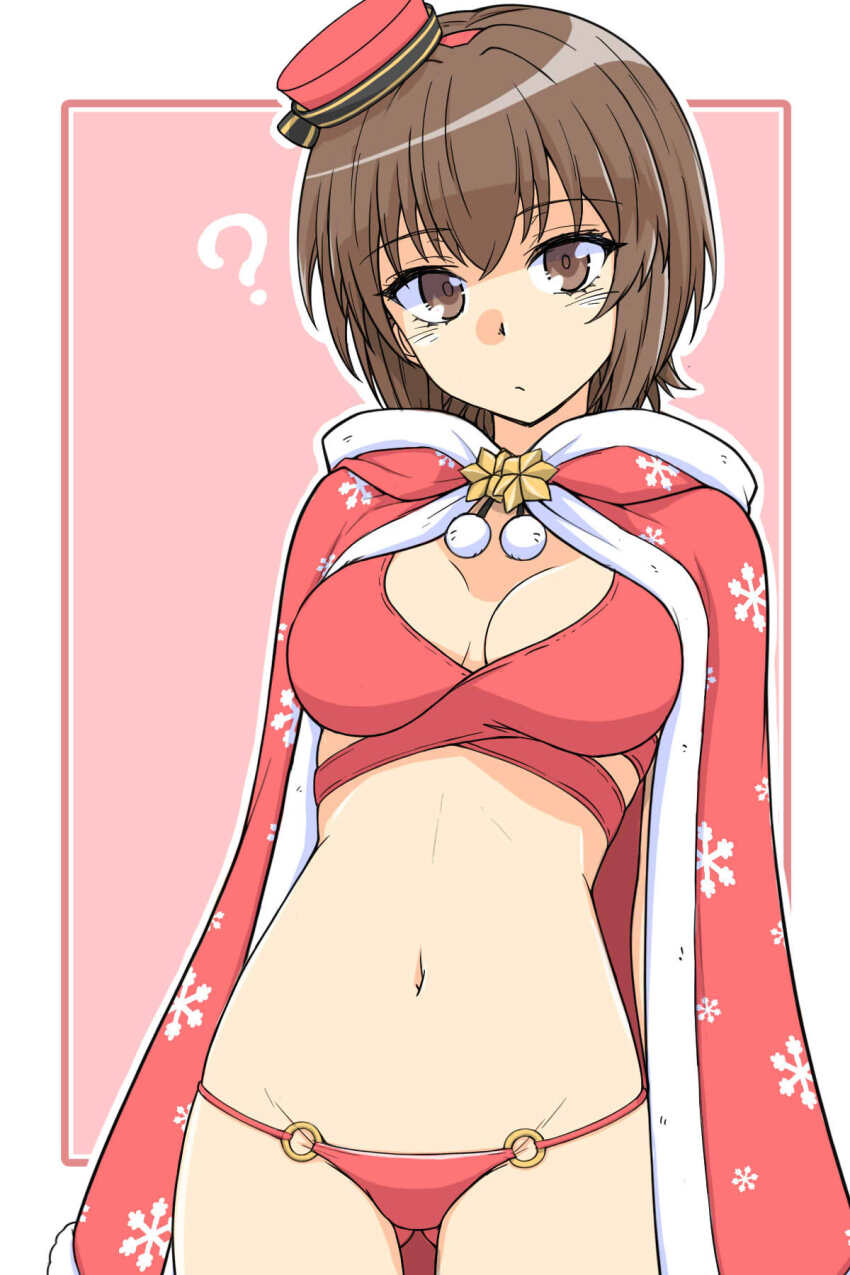 1girl ? blush breasts brown_eyes brown_hair cape cleavage closed_mouth commentary_request girls_und_panzer hat highres large_breasts looking_at_viewer lowleg navel nishizumi_maho panties red_panties renshiu short_hair simple_background solo underwear