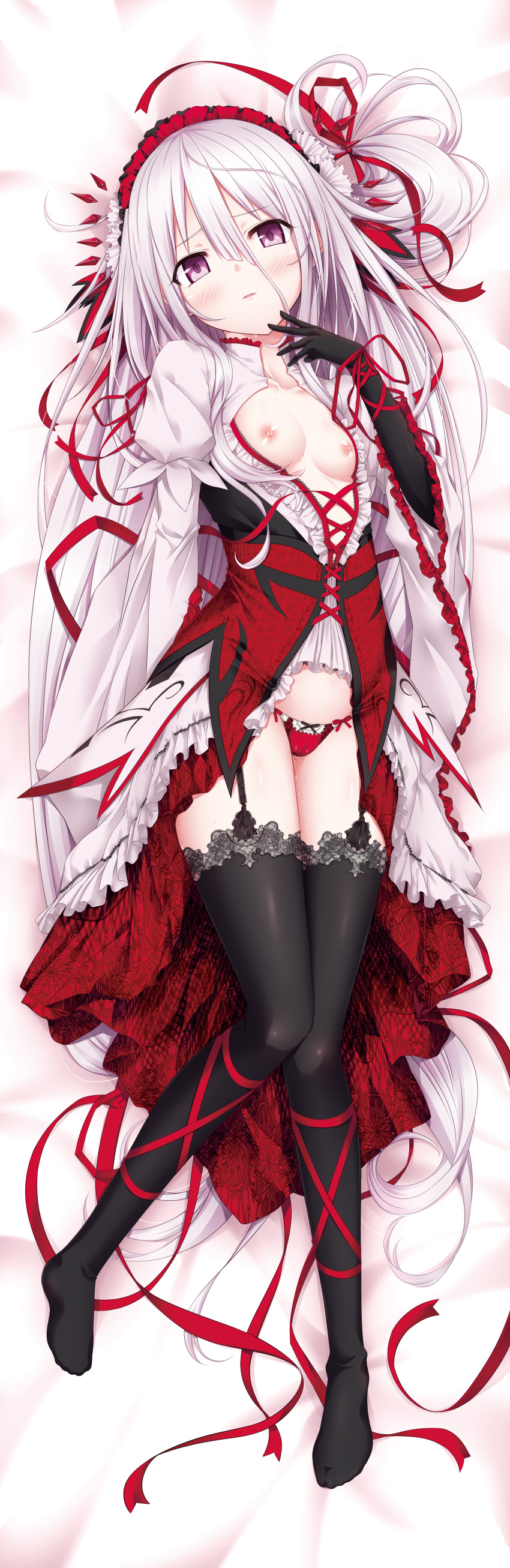 1girl absurdly_long_hair absurdres bed_sheet black_gloves black_thighhighs bow bow_panties breasts cleavage commentary_request cura dakimakura_(medium) dress elbow_gloves farushu_lamia_valentine from_above full_body garter_straps gloves gothic_delusion hair_ornament hair_ribbon hairband headdress highres incredibly_absurdres long_hair lying nipples on_back panties parted_lips photoshop_(medium) purple_eyes red_hairband red_panties red_ribbon ribbon small_breasts solo thighhighs underwear very_long_hair white_hair
