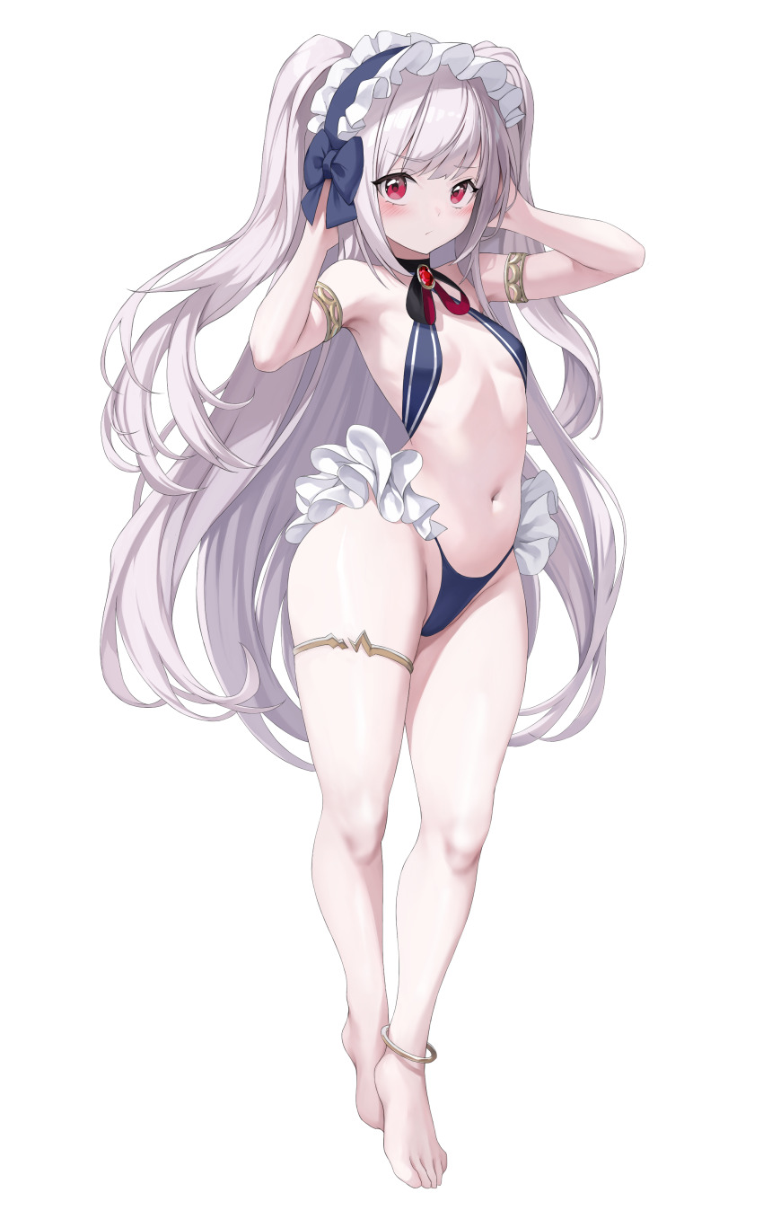 1girl absurdres anklet armlet armpits artist_request azur_lane bare_legs barefoot bikini black_choker blue_bikini breasts brooch choker closed_mouth feet frilled_bikini frilled_headwear frills frown full_body halford_(azur_lane) hands_up headdress highres jewelry long_hair looking_at_viewer navel red_eyes simple_background sling_bikini_top small_breasts solo stomach string_bikini swimsuit thick_thighs thighlet thighs toes two_side_up very_long_hair white_background white_hair