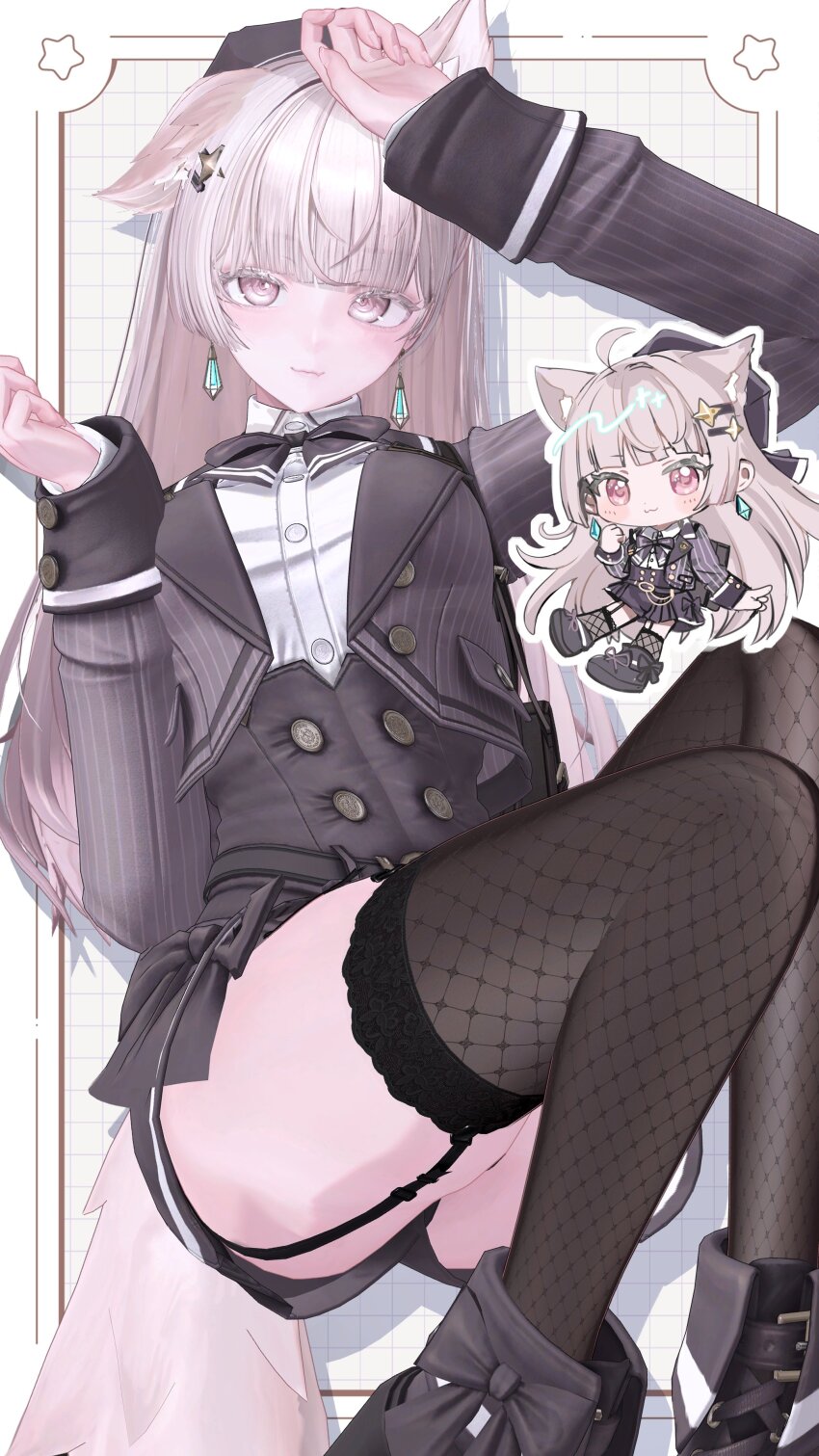 1girl 3d absurdres ahoge animal_ears backpack bag black_boots black_garter_straps black_hat black_jacket black_skirt black_thighhighs boots bow bowtie breasts chibi closed_mouth earrings extra_ears fox_ears fox_girl fox_tail garter_straps hair_ornament hairclip hands_up hat highres jacket jewelry long_hair looking_at_viewer medium_breasts miniskirt momoko_(momopoco) open_clothes open_jacket original pink_eyes shirt simple_background skirt tail thighhighs white_shirt