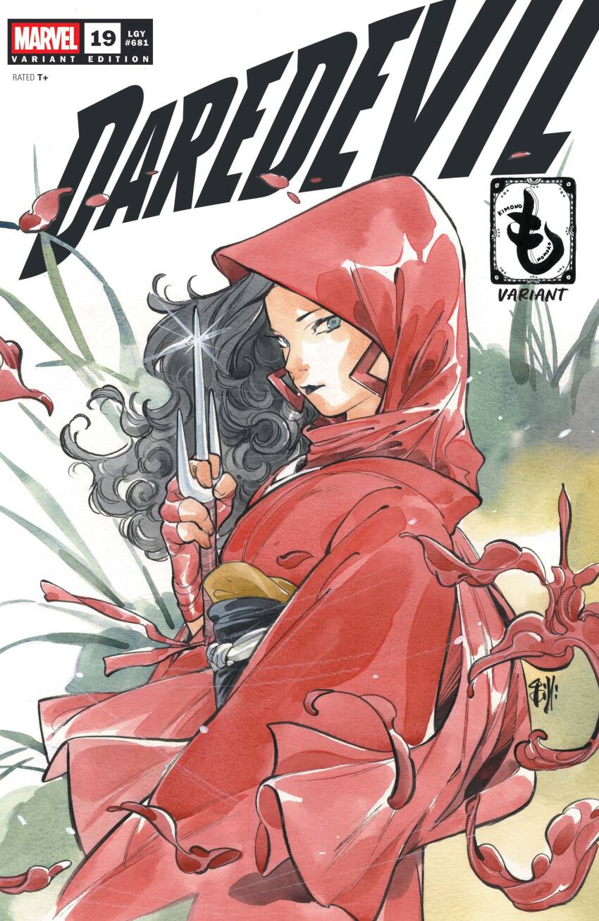 1girl absurdres aqua_eyes black_hair black_lips comic_cover company_name copyright_logo copyright_name curly_hair daredevil_(series) earrings elektra elektra_natchios english_text fingerless_gloves floating_hair gloves highres holding holding_weapon hood japanese_clothes jewelry kimono logo long_hair looking_at_viewer looking_to_the_side makeup marvel official_art peach_momoko red_gloves red_hood red_kimono red_scarf sai_(weapon) scarf solo upper_body weapon