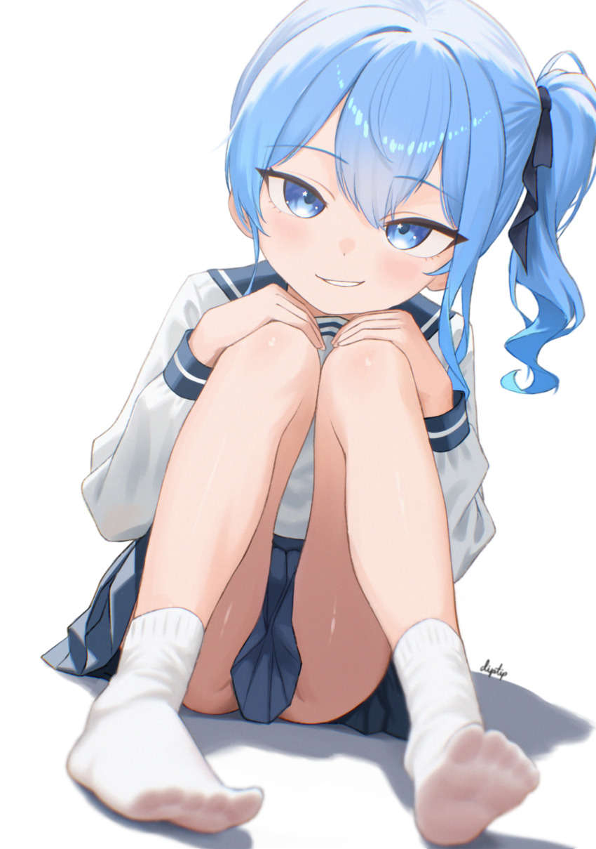 1girl :d absurdres aged_down asymmetrical_sidelocks blue_eyes blue_hair blue_sailor_collar blue_skirt commentary diptip double-parted_bangs english_commentary feet full_body grin hair_between_eyes hair_ribbon hands_on_own_knees highres hololive hoshimachi_suisei knees_up loli long_sleeves looking_at_viewer medium_hair no_panties no_shoes open_mouth pleated_skirt ribbon sailor_collar school_uniform serafuku shirt side_ponytail sidelocks simple_background sitting skirt smile socks soles soles_of_feet_in_socks solo star_(symbol) star_in_eye symbol_in_eye toes toes_visible_through_clothing virtual_youtuber white_background white_shirt white_socks