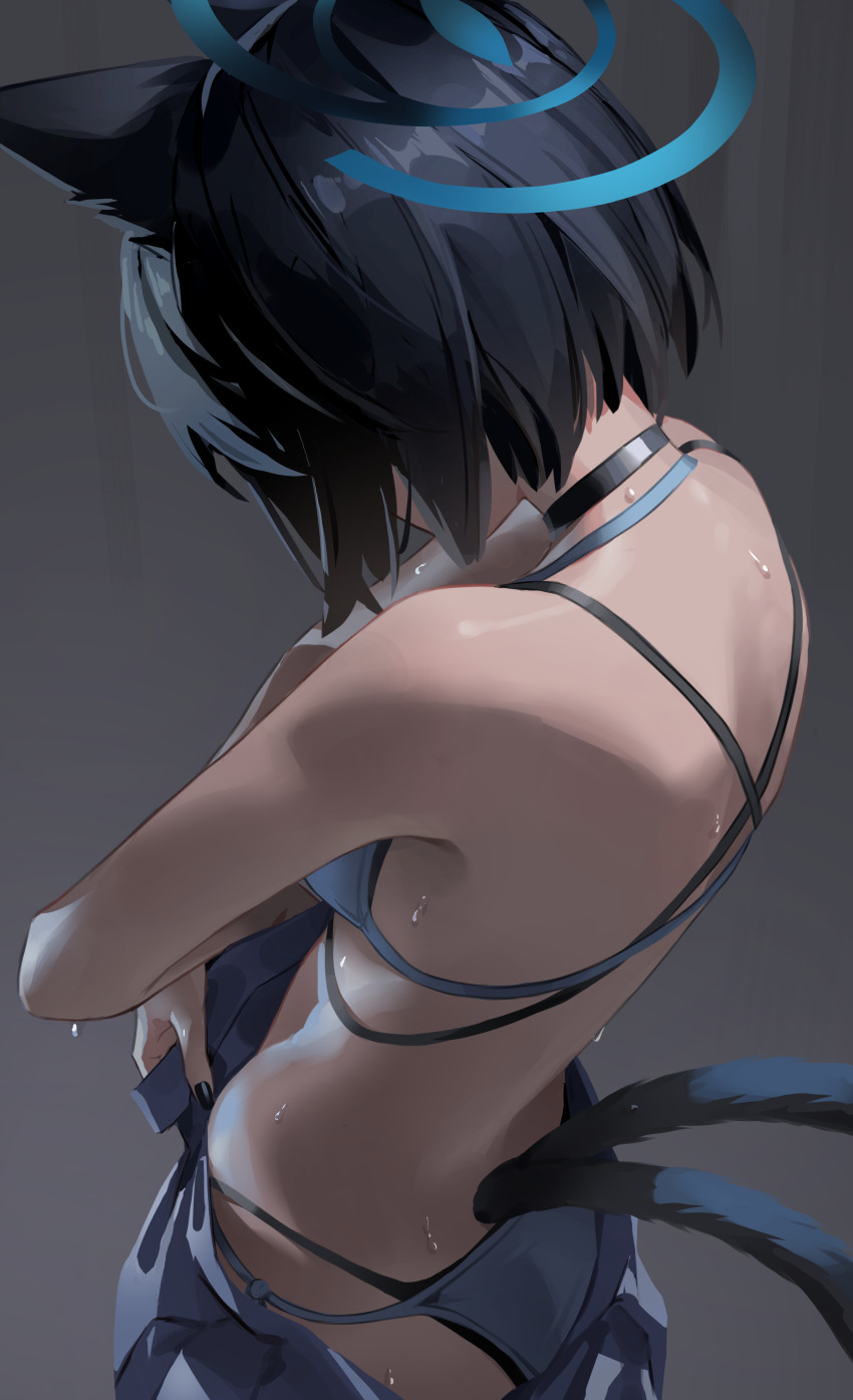 1girl absurdres animal_ears bare_arms bare_back bare_shoulders bikini black_choker black_nails blue_archive blue_bikini blue_halo blue_skirt breasts cat_ears cat_girl cat_tail choker from_behind halo highres kikyou_(blue_archive) kikyou_(swimsuit)_(blue_archive) multiple_tails official_alternate_costume open_clothes open_skirt short_hair shortofsugar skirt solo swimsuit tail two_tails undressing