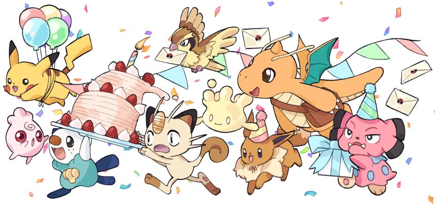 :d :o antennae arms_up bag balloon blue_headwear box brown_bag cake candle closed_mouth commentary confetti dragonite eevee english_commentary envelope fangs fire floating flying flying_pikachu food fruit gen_1_pokemon gen_2_pokemon gen_5_pokemon gen_8_pokemon gift gift_box hat highres holding holding_envelope holding_gift holding_tray igglybuff meowth milcery mjoyart mouth_hold nintendo no_humans open_mouth oshawott party_hat pennant pidgey pikachu pink_headwear poke_ball_symbol pokemon pokemon_(creature) red_eyes running satchel simple_background smile snubbull sticker strawberry string_of_flags tray v-shaped_eyebrows white_background