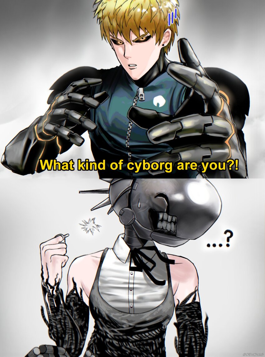 1boy 1girl absurdres apron black_apron black_gloves black_ribbon black_sclera blonde_hair blue_jacket bomb_devil_(chainsaw_man) chainsaw_man collared_shirt colored_sclera cyborg devovas elbow_gloves english_text genos gloves grenade_pin highres jacket mechanical_arms neck_ribbon object_head one-punch_man ribbon shirt short_hair sleeveless sleeveless_jacket sleeveless_shirt subtitled white_shirt zipper zipper_pull_tab