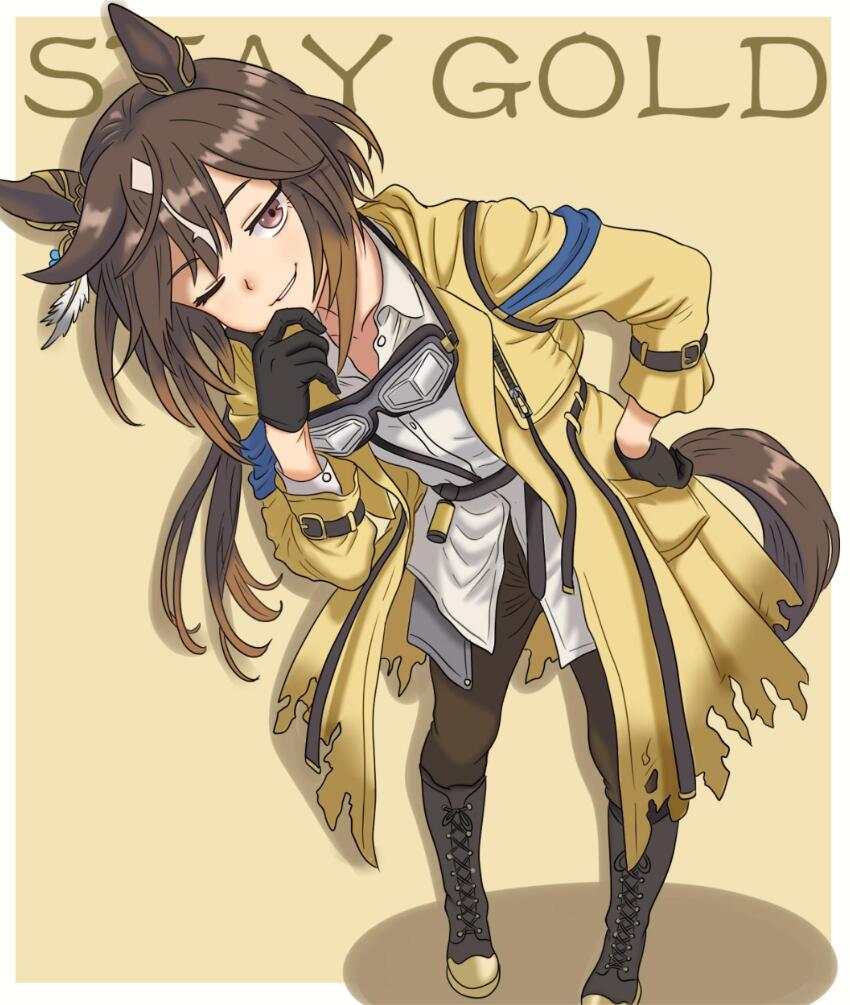 1girl animal_ears black_boots black_gloves black_pants boots brown_eyes brown_hair coat collarbone collared_shirt commentary_request ear_covers gloves goggles goggles_around_neck hair_between_eyes highres horse_ears horse_girl horse_tail long_hair looking_at_viewer multicolored_hair one_eye_closed pants parted_lips shirt smile solo sorodansu stay_gold_(umamusume) streaked_hair tail umamusume white_hair white_shirt yellow_coat