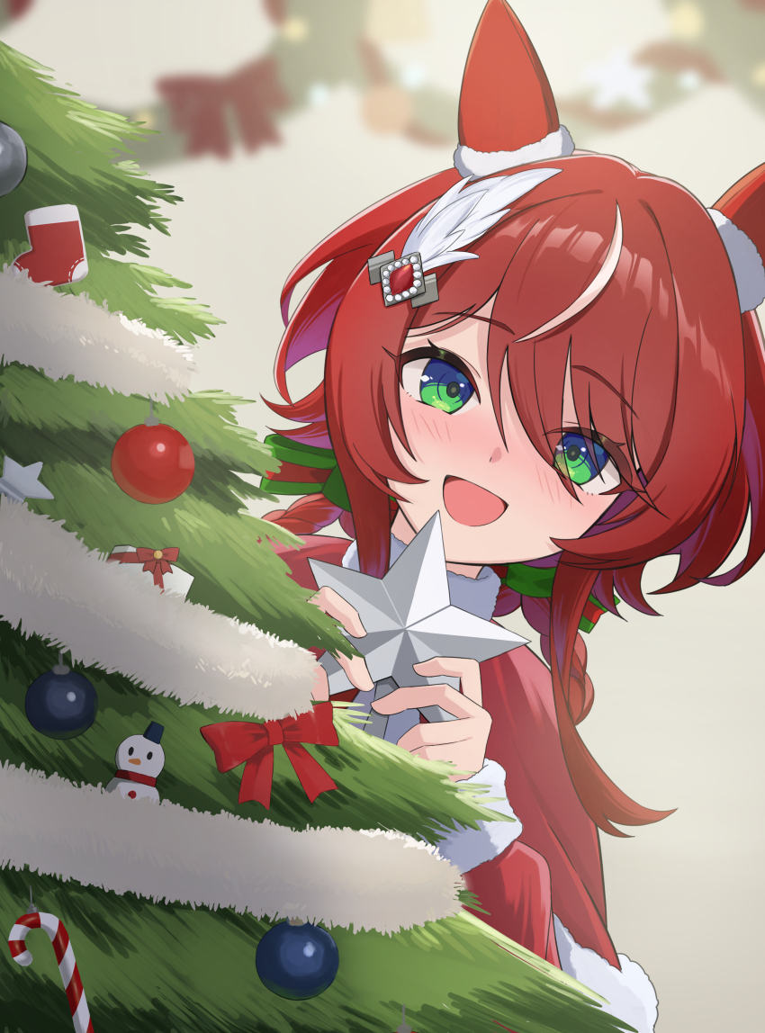1girl absurdres animal_ears blush capelet christmas christmas_ornaments christmas_tree commentary_request dress ear_covers ear_ornament feather_hair_ornament feathers fur-trimmed_capelet fur_trim green_eyes hair_between_eyes hair_ornament highres holding horse_ears horse_girl long_hair looking_at_viewer mugi_mg317 open_mouth red_capelet red_dress red_hair santa_costume santa_dress smile solo textless_version twintails umamusume win_variation_(umamusume)