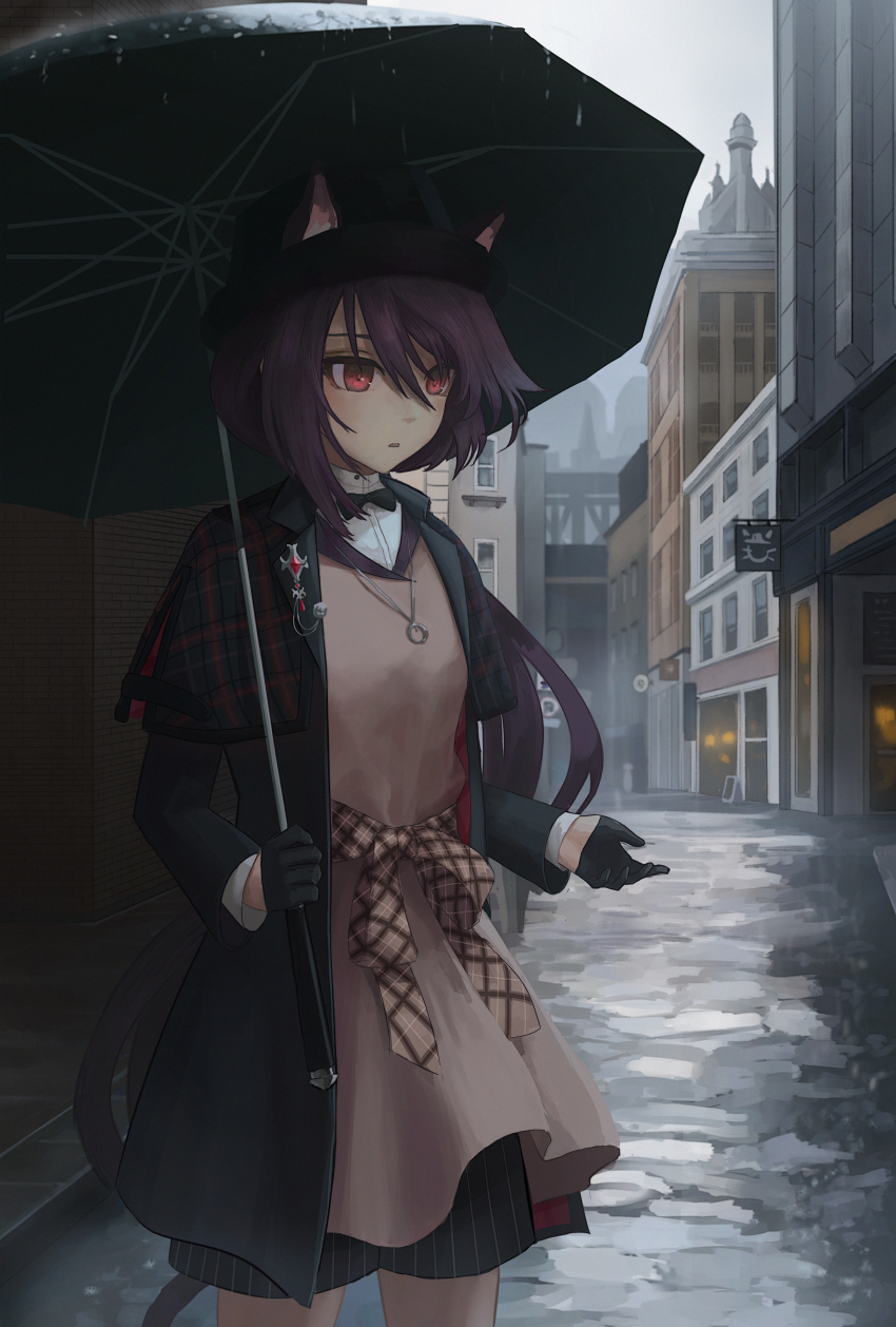1girl absurdres animal_ears arknights black_bow black_bowtie black_gloves black_hat black_jacket black_tail bow bowtie brown_bow building chinese_commentary commentary_request cowboy_shot day dress dress_bow ears_through_headwear gloves grey_dress hair_between_eyes half_gloves hat highres holding holding_umbrella jacket jewelry long_hair long_sleeves making-of_available melantha_(arknights) necklace open_clothes open_jacket outdoors paina_(xc428) parted_lips plaid_bow purple_hair rain red_eyes shirt solo standing tail traditional_bowtie umbrella white_shirt