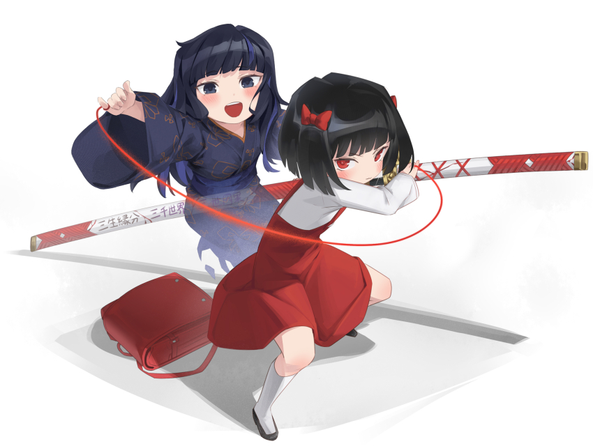 2girls 7d_nemuritai :d aged_down araya_(project_moon) backpack bag battoujutsu_stance black_hair black_shoes blue_sash bow child fighting_stance hair_bow hashtag-only_commentary highres holding holding_sword holding_weapon japanese_clothes kimono kneehighs limbus_company looking_at_viewer multicolored_hair multiple_girls obi open_mouth project_moon randoseru ready_to_draw red_bag red_bow red_eyes ryoshu_(project_moon) sash shoes smile socks spoilers streaked_hair string string_of_fate sword weapon white_socks
