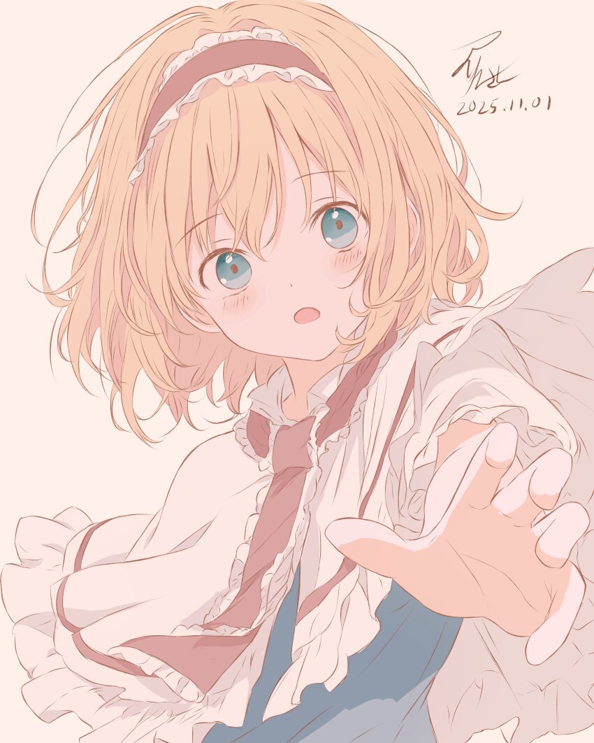 1girl absurdres alice_margatroid blonde_hair blue_eyes blue_shirt blush capelet commentary_request commission dated frilled_headband hairband highres iris-san looking_at_viewer neckerchief open_mouth reaching reaching_towards_viewer red_hairband red_neckerchief shirt short_hair signature skeb_commission solo touhou upper_body white_background white_capelet