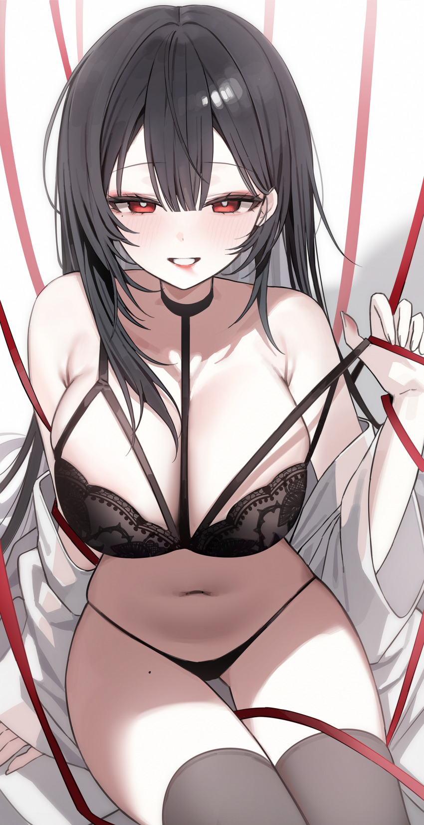 1girl absurdres armpit_crease bare_shoulders black_bra black_hair black_panties bra bra_pull breasts bright_pupils chimyo clothes_pull colored_inner_hair commission gluteal_fold grey_thighhighs grin highres large_breasts lingerie long_hair looking_at_viewer mole mole_on_thigh mole_under_eye multi-strapped_bra multicolored_hair navel off_shoulder original panties pulling_own_clothes red_eyes red_ribbon ribbon rie_(mirae_yang) second-party_source shirt sitting skindentation smile solo stomach strap_pull string_panties thighhighs thighs underwear very_long_hair white_shirt