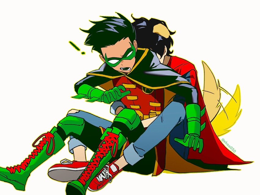! 2boys animal_ears arm_up batman_(series) black_cape black_hair black_pants blue_pants boots cape dc_comics denim dog_boy dog_ears dog_tail ekaa030 eye_mask gloves green_boots green_gloves green_mask hashtag-only_commentary hug hug_from_behind jeans kemonomimi_mode lace-up_boots looking_back male_focus mask multiple_boys open_mouth pants red_cape robin_(dc) short_hair sitting super_sons superboy superman_(series) tail tail_wagging two-sided_cape two-sided_fabric white_background yellow_cape