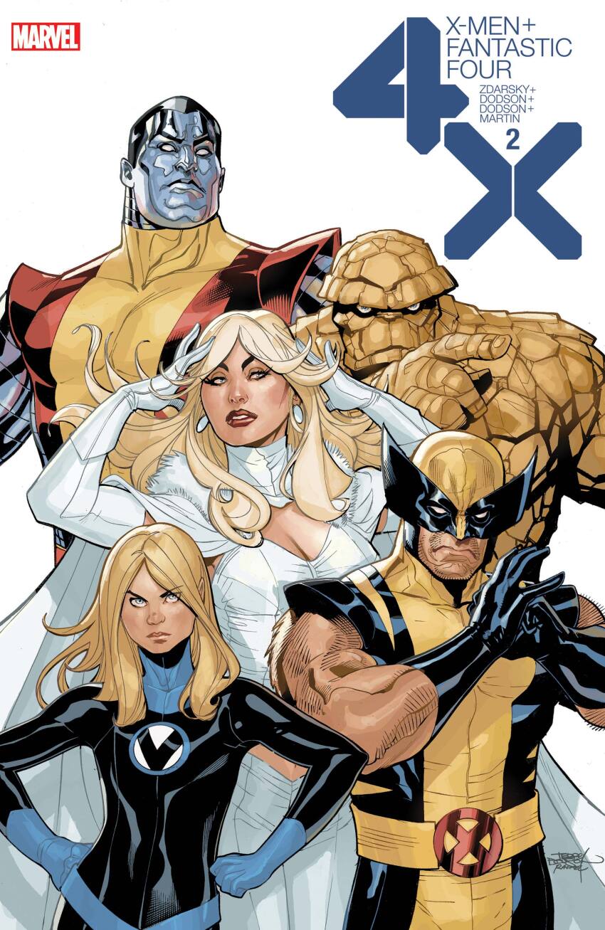 2girls 3boys absurdres arm_hair ben_grimm black_gloves black_hair blonde_hair blue_bodysuit blue_eyes blue_gloves bodysuit breasts cape cleavage colossus_(x-men) comic_cover copyright_logo copyright_name cover cover_page cowl earrings elbow_gloves emma_frost english_text facial_hair fantastic_four frown gloves hands_on_own_hips highres jewelry logo long_hair makeup marvel mature_male metal_skin multiple_boys multiple_girls muscular muscular_male official_art pants parted_lips red_lips rock_skin superhero_costume terry_dodson valeria_richards western_comics_(style) white_background white_cape white_gloves white_pants wolverine_(x-men) x-men