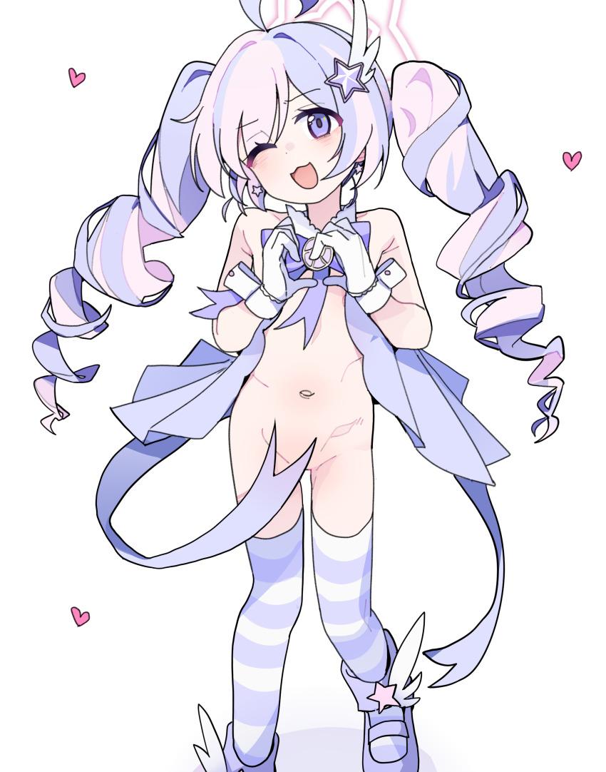 1girl absurdres ahoge blue_archive gloves hair_ornament halo heart highres loli long_hair looking_at_viewer multicolored_hair navel official_alternate_costume one_eye_closed open_mouth pearlgang_e pink_hair purple_eyes purple_hair reisa_(blue_archive) reisa_(magical)_(blue_archive) simple_background solo star_(symbol) star_hair_ornament striped_clothes striped_thighhighs thighhighs twintails white_background white_gloves
