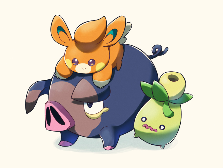 black_eyes closed_mouth commentary_request lechonk nintendo no_humans nori_(hgdm2784) o_o open_mouth pawmi pokemon pokemon_(creature) pokemon_on_back smile smoliv standing wavy_mouth