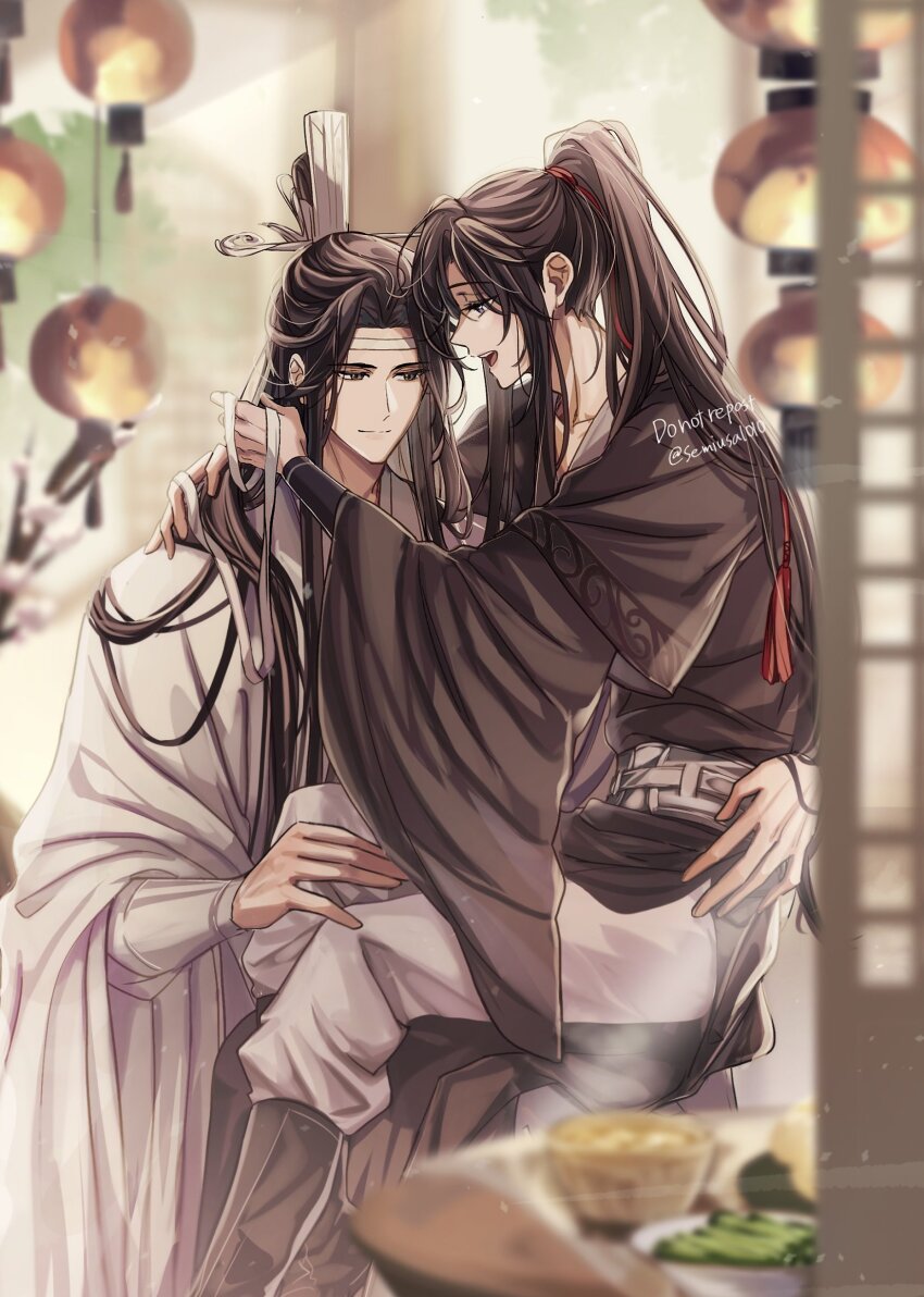 2boys bishounen black_boots black_hair black_hanfu blurry blurry_background blurry_foreground boots bowl carrying carrying_person chinese_clothes closed_mouth commentary_request couple crossed_legs depth_of_field eye_contact feet_out_of_frame food grey_sash hair_ornament hair_ribbon hand_on_another's_hip hand_on_another's_leg hand_on_another's_shoulder hand_up hanfu hanging_lantern headband high_ponytail highres holding holding_ribbon indoors lan_wangji lantern lattice long_hair long_sleeves looking_at_another male_focus modao_zushi multiple_boys open_mouth pants paper_lantern plate ponytail profile purple_eyes red_ribbon ribbon robe semiusa1010 sidelocks sitting sitting_on_lap sitting_on_person smile table tassel tassel_hair_ornament topknot twitter_username very_long_hair wei_wuxian white_hanfu white_headband white_pants white_ribbon wide_sleeves xiao_guan_(headdress) yaoi yellow_eyes