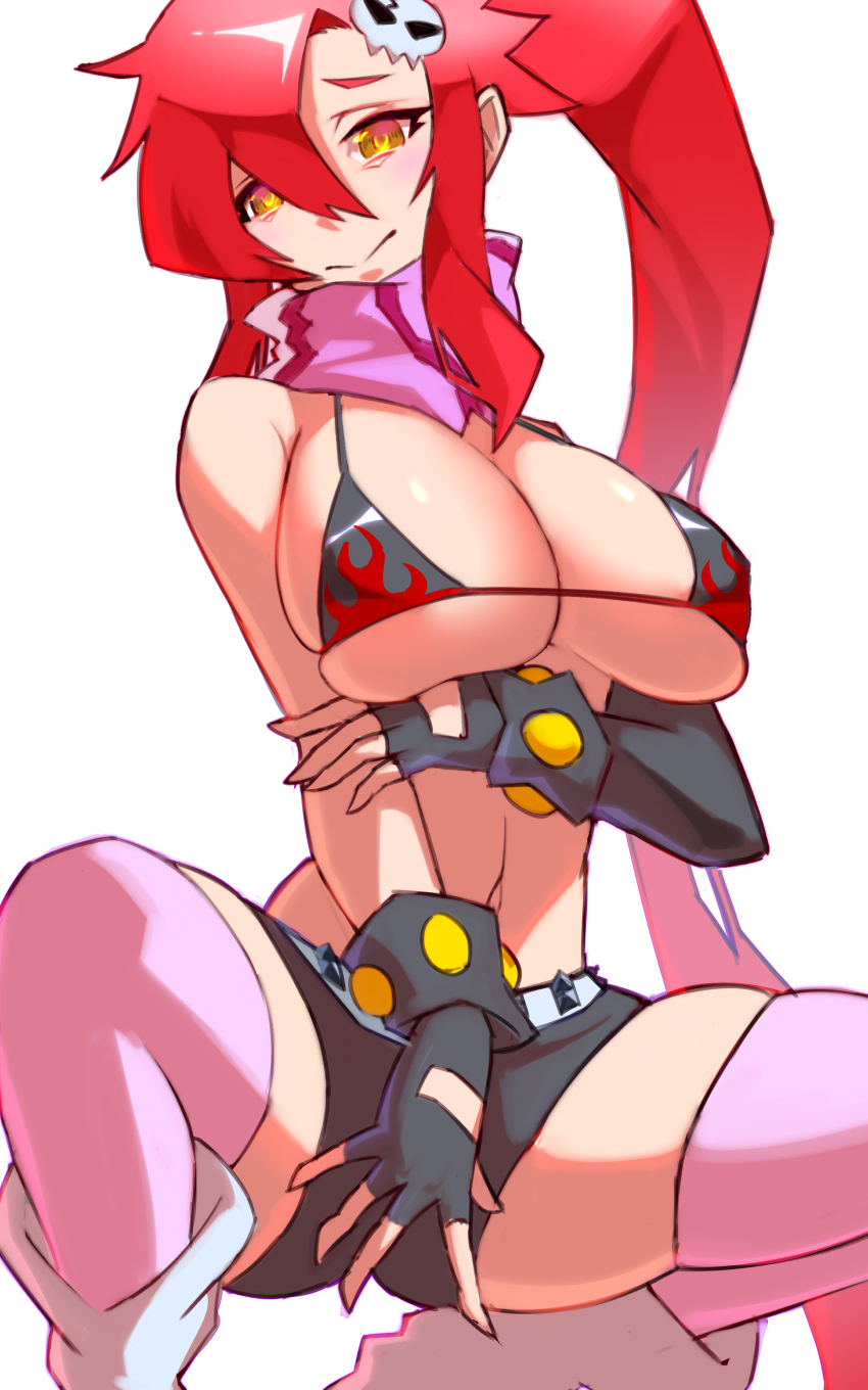 1girl absurdres bare_shoulders bikini black_bikini black_gloves black_shorts breasts commentary_request flame_print gloves hair_ornament highres large_breasts long_hair navel pink_scarf pink_thighhighs ponytail red_hair scarf shorts skull_hair_ornament solo swimsuit tengen_toppa_gurren_lagann thighhighs ura_dora yellow_eyes yoko_littner