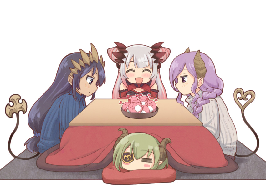 ... 4girls black_hair blue_sweater braid braided_ponytail brown_horns commentary_request cone_hair_bun dark-skinned_female dark_skin deformed demon_girl demon_horns demon_tail double-parted_bangs double_bun eyepatch gradient_hair green_hair grey_hair hair_bun haniwa_(leaf_garden) highres honey_strap horns kanikama_(suou_patra) kotatsu long_hair long_sidelocks long_sleeves low-tied_long_hair multicolored_hair multiple_girls nanashi_inc. pink_hair pink_streaks pointy_ears purple_eyes purple_hair ribbed_sweater saionji_mary sekishiro_mico shimamura_charlotte short_hair side_up_bun sidelocks simple_background spiked_horns spoken_ellipsis suou_patra suou_patra_(2nd_costume) sweater table tail tail_raised transparent_background turtleneck turtleneck_sweater very_long_hair virtual_youtuber white_sweater