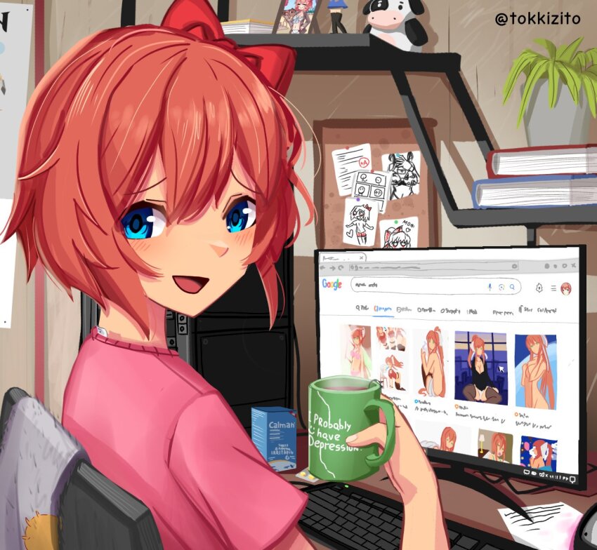 1girl bedroom blue_eyes book book_stack bow bulletin_board computer computer_keyboard computer_tower cup desktop_(computing) doki_doki_literature_club drawing_(object) google hair_bow highres holding holding_cup indoors internet looking_back monika_(doki_doki_literature_club) monitor mug orange_hair paper pink_shirt plant potted_plant sayori_(doki_doki_literature_club) search_bar shelf shirt tokkizito