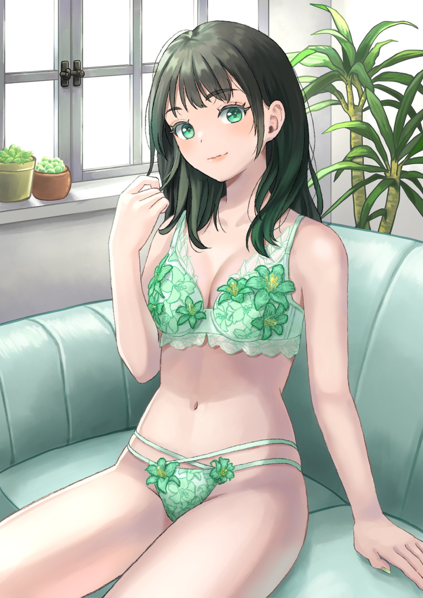 1girl arm_at_side black_hair bra breasts choppy_bangs cleavage closed_mouth commentary_request couch green_bra green_eyes green_panties hand_up highres indoors large_breasts lingerie long_hair looking_at_viewer multi-strapped_panties navel on_couch original panties plant potted_plant sitting solo stomach sunzure underwear underwear_only window