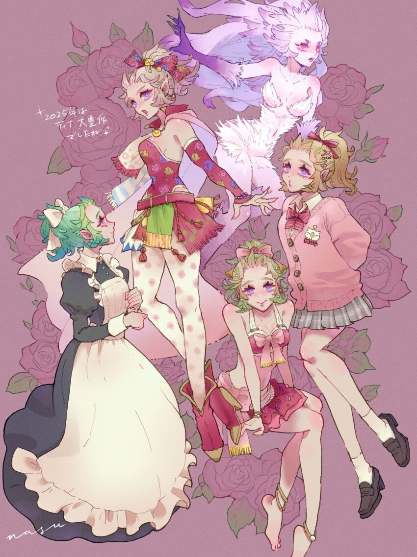 2025 5girls anklet apron arms_behind_back artist_name bare_shoulders barefoot bikini bikini_skirt black_dress blonde_hair boots bow bow_bikini bowtie breasts brown_shoes cape cardigan claws cleavage closed_mouth collared_dress collared_shirt detached_sleeves dissidia_duellum_final_fantasy dissidia_final_fantasy dress eakanasu earrings final_fantasy final_fantasy_vi fingernails floating floral_background floral_print floral_print_pantyhose flower frilled_apron frills full_body glasses gold_anklet gold_trim green_hair grey_skirt hair_bow hair_ornament hair_ribbon hairclip highres jewelry juliet_sleeves loafers long_dress long_fingernails long_hair long_sleeves maid maid_apron medium_breasts midriff monster_girl moogle multiple_girls multiple_views navel official_alternate_costume opaque_glasses pantyhose parted_bangs pink_background pink_bikini pink_cape pink_cardigan pink_eyes pink_hair pink_ribbon plaid_clothes plaid_skirt pleated_skirt pointy_ears ponytail print_pantyhose puckered_lips puffy_sleeves purple_eyes red_boots red_bow red_bowtie red_dress red_flower red_ribbon red_rose red_sleeves ribbon rose sash shirt shoes short_dress sideboob sidelocks sitting skirt smile socks strapless strapless_dress striped_bow striped_bowtie striped_clothes swimsuit terra_branford_(school_cardigan) trance_terra_branford tube_dress waist_sash white_apron white_bow white_socks white_trim x_hair_ornament