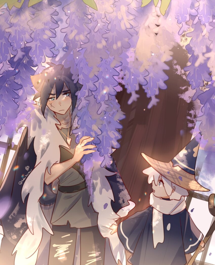 2boys animal_ears blue_robe cloak commentary_request cookie_run cookie_run:_kingdom flower food-themed_hat fur_trim grey_hair hat highres holding holding_staff holding_wand humanization ice_cream_cone jewelry lilac multiple_boys necklace robe scar scar_on_face scarf staff suikaels tooth_necklace tree waffle_cone wand werewolf_cookie white_hair white_scarf wizard wizard_cookie wizard_hat