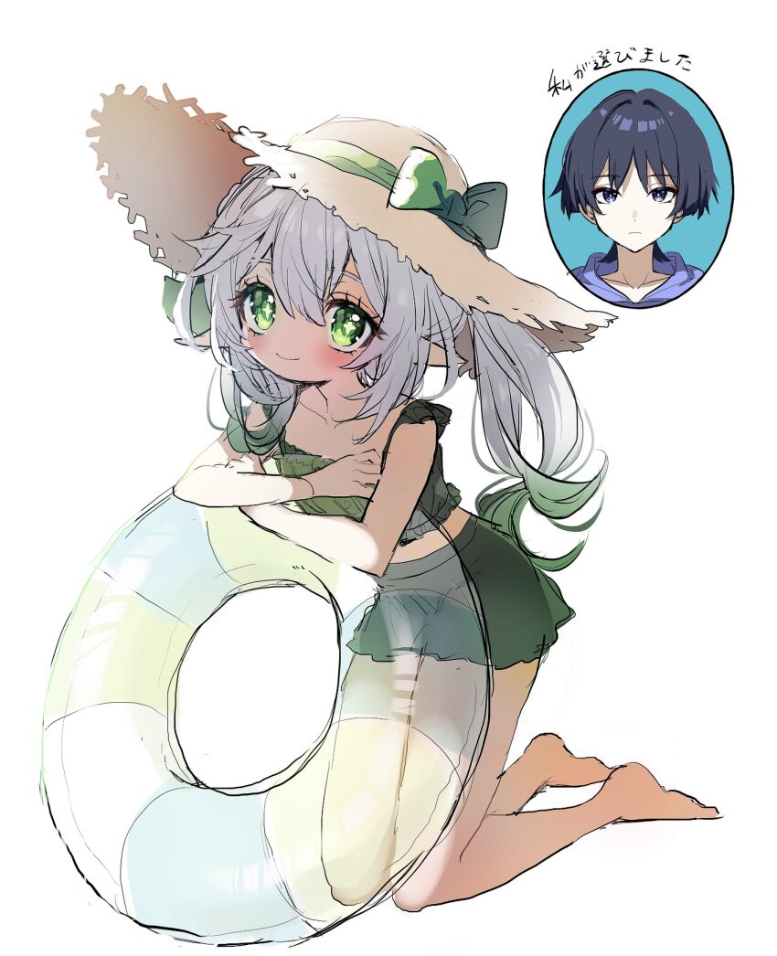 1boy 1girl alternate_costume asymmetrical_sidelocks barefoot bikini bikini_bottom_only bikini_skirt black_hair blunt_ends blush bow bright_pupils closed_mouth collar collarbone colored_tips contemporary cross-shaped_pupils eyelashes eyeliner eyeshadow genshin_impact green_bow green_eyes green_hair green_pupils green_skirt grey_eyes hair_between_eyes hair_ornament hat hat_bow highres hirarinoie kneeling leaf leaf_hair_ornament looking_at_viewer makeup multicolored_hair nahida_(genshin_impact) pointy_ears purple_collar red_eyeliner red_eyeshadow scaramouche_(genshin_impact) sidelocks sketch skirt smile source_request sun_hat swim_ring swimsuit symbol-shaped_pupils tareme translation_request transparent_innertube white_background white_hair white_pupils wispy_bangs