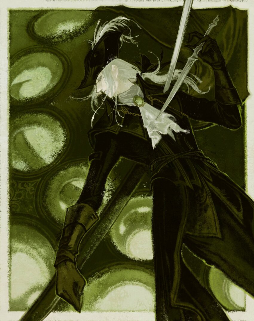 1girl ascot blood blood_stain bloodborne border clock clock_tower closed_eyes commentary_request cruentum_noctis feet_out_of_frame gem gloves green_theme hat hat_feather highres holding holding_knife jacket knife lady_maria_of_the_astral_clocktower long_hair low_ponytail ponytail sidelocks solo tower tricorne white_border white_hair