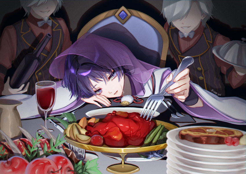 2boys absurdres apple arm_strap armor black_vest blunt_ends bow bowtie chair choppy_bangs clone clothing_cutout collared_shirt crying crying_with_eyes_open cup drinking_glass escher_(genshin_impact) eyeliner faceless faceless_male facial_hair feathers fingernails flower food food_request fork fruit genshin_impact glass goatee gold gold_trim grass hair_intakes hand_on_table head_rest heart_(organ) highres holding holding_fork holding_tray japanese_armor japanese_clothes kimono kote kurokote lapels layered_sleeves leaf long_sleeves looking_at_hand makeup meat multiple_boys parted_lips pink_lips plate plate_stack pom_pom_(clothes) purple_eyes purple_flower purple_hair purple_kimono purple_sleeves purple_veil red_eyeliner red_shirt red_sleeves ribs_(food) ritsuka_mash scaramouche_(genshin_impact) scaramouche_(kabukimono)_(genshin_impact) see-through_clothes see-through_veil shirt shoulder_cutout sitting smile steak string tears tray tsurime twitter_username undershirt vegetable veil vest white_bow white_bowtie white_hair white_mouth white_sleeves wide_sleeves wine_glass wing_collar yellow_feathers