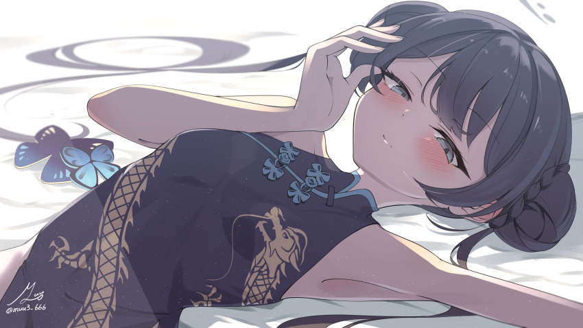 1girl absurdres armpits bare_shoulders black_dress black_hair blue_archive blunt_bangs blurry blush braid breasts bun_with_braided_base butterfly_hair_ornament china_dress chinese_clothes closed_mouth commentary_request depth_of_field double_bun dragon_print dress dutch_angle grey_eyes grey_halo hair_bun hair_ornament hair_spread_out halo hands_up highres kisaki_(blue_archive) light_particles long_hair looking_at_viewer lying muu3_illust on_back print_dress signature simple_background sleeveless sleeveless_dress small_breasts smile solo split_mouth tsurime twintails twitter_username very_long_hair white_background