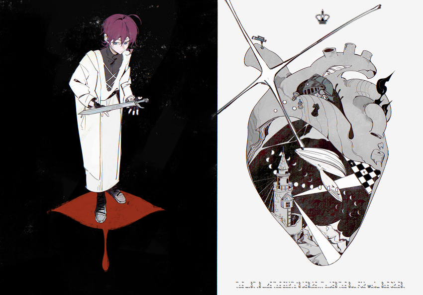 1boy absurdres ahoge boots closed_mouth coat fingerless_gloves full_body gloves green_eyes hai_yexing_ren heart_(organ) highres long_sleeves looking_at_object original short_hair solo standing