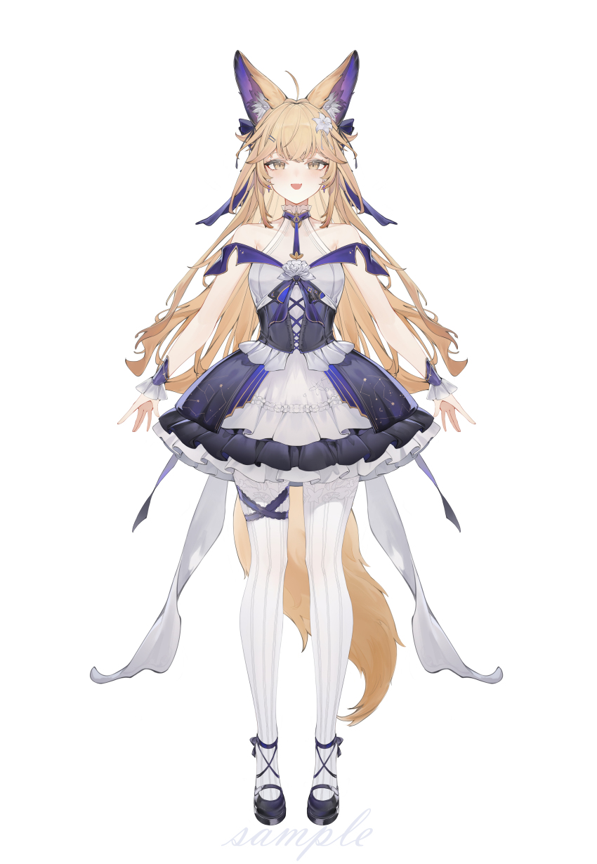 1girl :d absurdres ahoge animal_ear_fluff animal_ears bare_shoulders black_dress black_shoes blonde_hair chinese_commentary commentary_request double-parted_bangs dress fang flantia flower frilled_dress frills full_body hair_flower hair_ornament highres long_hair looking_at_viewer making-of_available multicolored_dress open_mouth original pantyhose purple_dress sample_watermark shoes simple_background skin_fang sleeveless sleeveless_dress smile solo standing tachi-e tail thigh_strap watermark white_background white_dress white_flower white_pantyhose yellow_eyes
