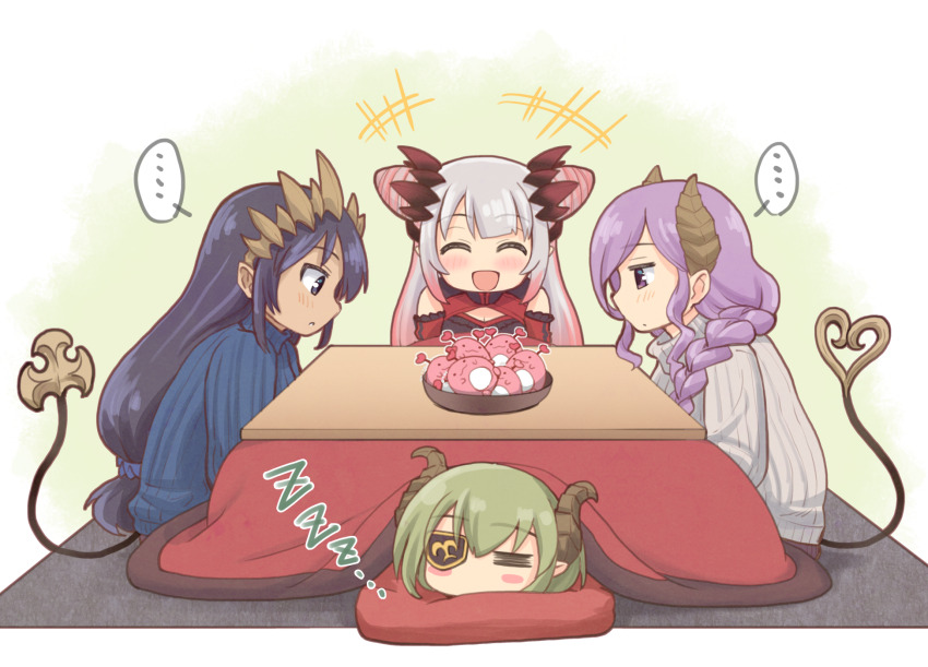 ... 4girls black_hair blue_sweater braid braided_ponytail brown_horns commentary_request cone_hair_bun dark-skinned_female dark_skin deformed demon_girl demon_horns demon_tail double-parted_bangs double_bun eyepatch gradient_hair green_hair grey_hair hair_bun haniwa_(leaf_garden) highres honey_strap horns kanikama_(suou_patra) kotatsu long_hair long_sidelocks long_sleeves low-tied_long_hair multicolored_hair multiple_girls nanashi_inc. pink_hair pink_streaks pointy_ears purple_eyes purple_hair ribbed_sweater saionji_mary sekishiro_mico shimamura_charlotte short_hair side_up_bun sidelocks spiked_horns spoken_ellipsis suou_patra suou_patra_(2nd_costume) sweater table tail tail_raised turtleneck turtleneck_sweater very_long_hair virtual_youtuber white_sweater