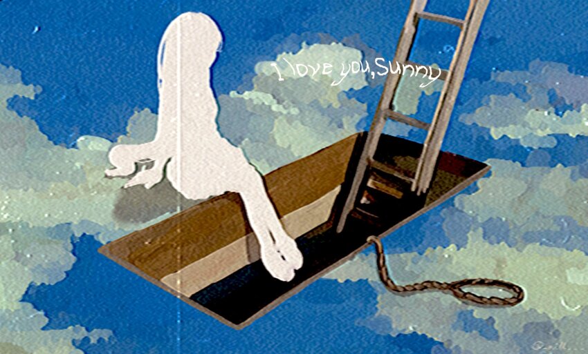 1girl blue_sky cloud english_text film_grain highres ladder long_hair mari_(headspace)_(omori) mari_(omori) nill_(nill) noose omori rope silhouette sitting sky solo spoilers very_long_hair