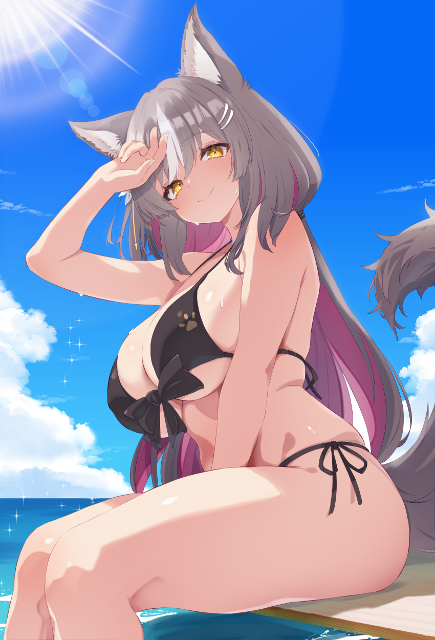 1girl absurdres animal_ears ashinobu_panda bikini blue_sky chisaka_airi cloud colored_inner_hair commentary_request commission day feet_out_of_frame fox_ears fox_tail front-tie_bikini_top front-tie_top grey_hair highres horizon multicolored_hair ocean outdoors phase_connect purple_hair side-tie_bikini_bottom skeb_commission sky solo sun swimsuit tail virtual_youtuber yellow_eyes