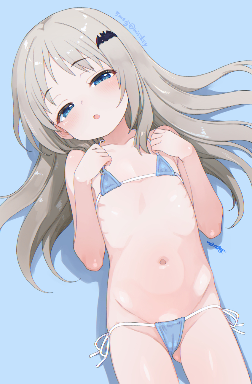 1girl absurdres bat_hair_ornament bikini blue_bikini blue_eyes commentary_request flat_chest grey_hair hair_ornament highres komodj little_busters! loli long_hair looking_at_viewer micro_bikini navel noumi_kudryavka solo swimsuit