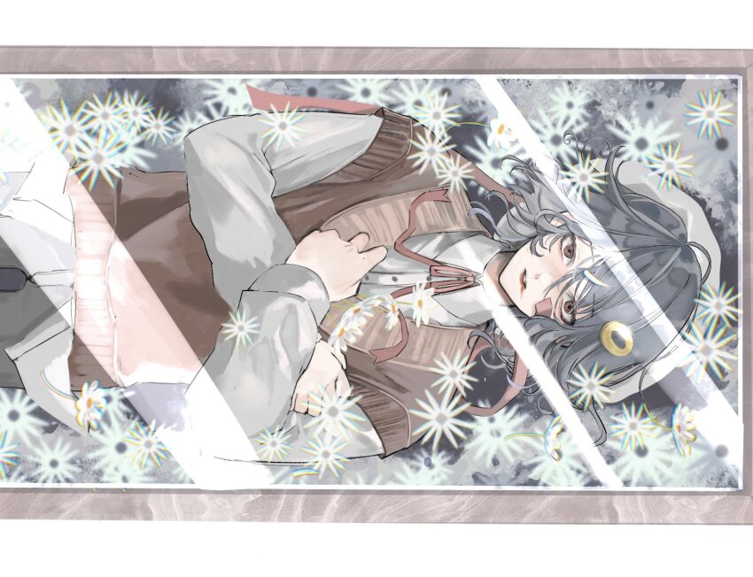 1boy blood blood_from_mouth blue_hair brown_eyes brown_sweater_vest casket commentary cowboy_shot flower hair_between_eyes hair_ornament hands_on_own_chest highres holding holding_flower in_coffin letterboxed long_sleeves looking_at_viewer male_focus original parted_bangs parted_lips sahi00000 shirt short_hair sideways solo sweater_vest symbol-only_commentary white_flower white_shirt