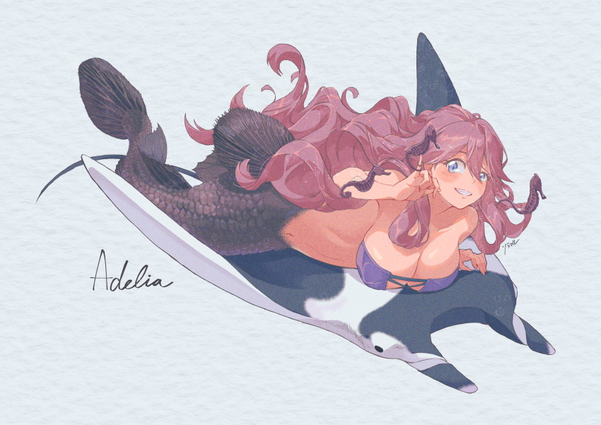 1girl bare_shoulders bikini bikini_top_only black_scales black_tail blue_eyes blush breasts brown_hair character_name cleavage commentary_request commission cursive fins fish hair_between_eyes highres large_breasts long_hair manta_ray mermaid monster_girl original paper_texture purple_bikini seahorse sidelocks smile solo soramaru_ell swimsuit teeth vgen_commission