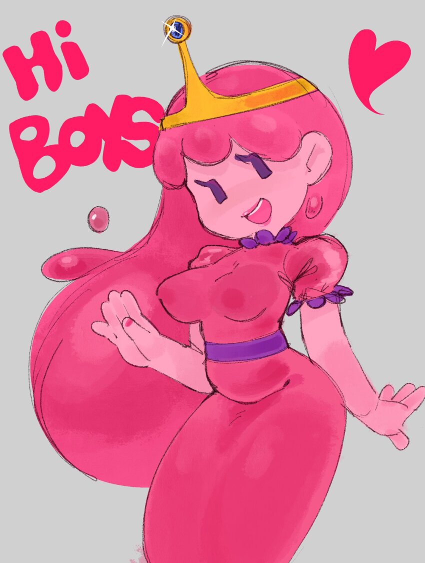 1girl adventure_time belly breasts colored_skin crown dress english_text eyelashes hand_up heart highres jub_(jublee_art) large_breasts lips long_dress long_hair open_mouth pink_dress pink_hair pink_lips pink_nails pink_skin princess princess_bonnibel_bubblegum puffy_short_sleeves puffy_sleeves purple_sash sash short_sleeves smile solo tiara waving |_|