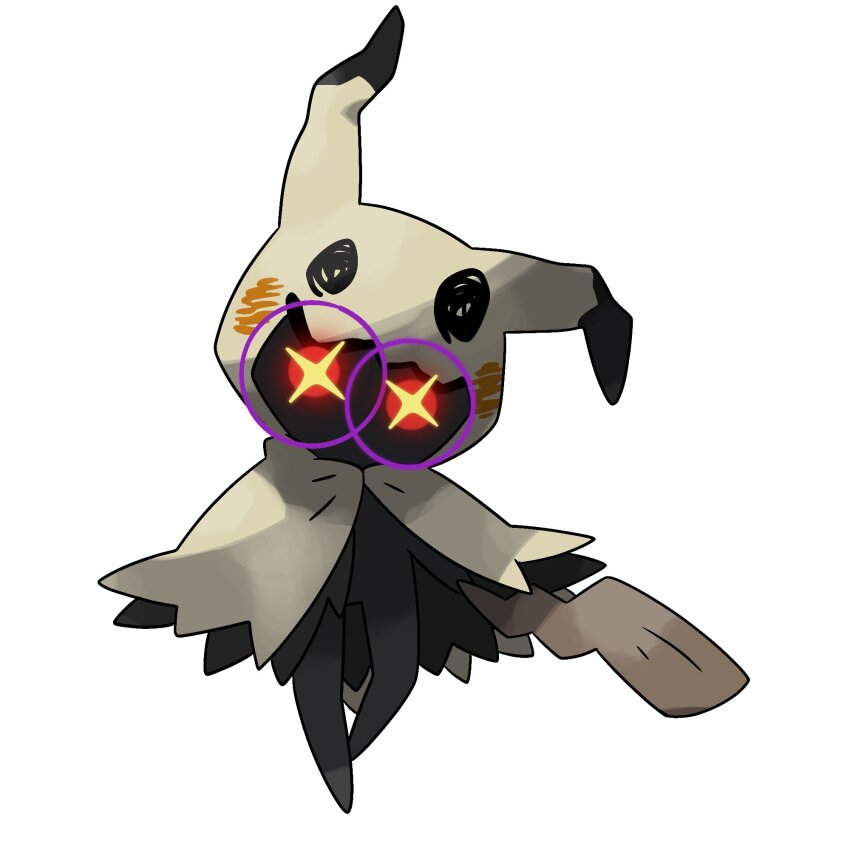 fakemon gen_7_pokemon glowing highres looking_at_viewer mimikyu nintendo pokemon pokemon_(creature) red_eyes simple_background white_background