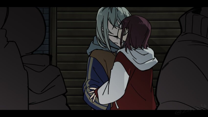 2girls 3others blue_jacket commentary girls_band_cry grey_hair grey_hoodie hair_down hood hoodie iseri_nina jacket kawaragi_momoka kiss letterboxed long_hair multicolored_hair multiple_girls multiple_others outdoors red_hair red_hoodie roots_(hair) symbol-only_commentary two-tone_hoodie white_hoodie yuri zeroshiki_(zzrrsskk)