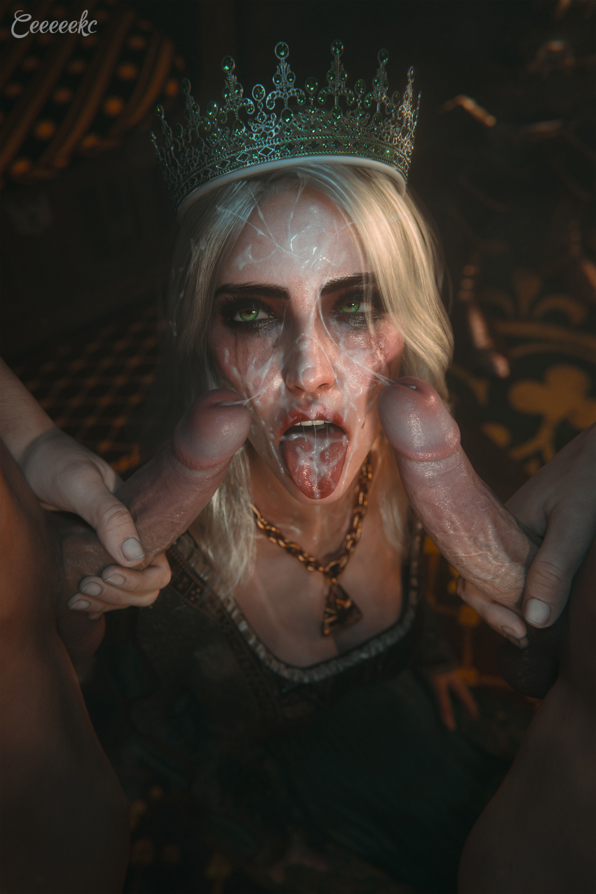 1girl 2boys 3d absurdres after_fellatio after_masturbation artist_name black_dress black_eyeliner breasts bukkake ceeeeekc chain chain_necklace ciri clothed_female_nude_male crown cum cum_in_mouth cum_on_body cum_on_hair cum_on_tongue cum_string dress ejaculation erection eyeliner eyeshadow facial gold_necklace green_eyes group_sex head_out_of_frame hetero highres jewelry kneeling long_hair long_sleeves makeup multiple_boys necklace nude open_mouth parted_bangs penis queen red_lips runny_makeup standing the_witcher_(series) white_hair