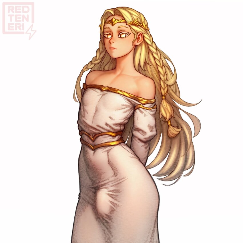 1boy androgynous arms_behind_back bare_shoulders blonde_hair braid bulge circlet covered_penis dress elden_ring elden_ring:_shadow_of_the_erdtree erection erection_under_clothes fromsoftware gold_circlet highres long_hair looking_at_viewer male_focus miquella_(elden_ring) multiple_braids redteneri robe trap very_long_hair watermark wavy_hair white_background white_robe yellow_eyes