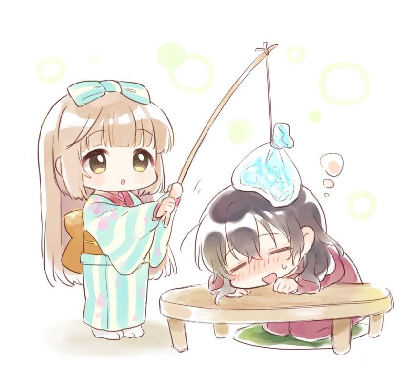 2girls :d :o =_= bag black_hair blue_bow blunt_bangs blush blush_stickers bow brown_eyes brown_hair chibi closed_eyes commentary_request cushion fever fish fishing fishing_line fishing_rod floral_print fujiwara_hajime hair_between_eyes hair_bow highres holding holding_fishing_rod ice idolmaster idolmaster_cinderella_girls japanese_clothes kimono kneeling long_hair long_sleeves mochizuki_yomogi multiple_girls nose_blush obi open_mouth parted_lips print_kimono sash seiza sick simple_background sitting sleeping smile standing striped_bow striped_clothes striped_kimono sweat sweatdrop tabi table tenugui vertical-striped_clothes vertical-striped_kimono very_long_hair white_background wide_sleeves yorita_yoshino yukata zabuton