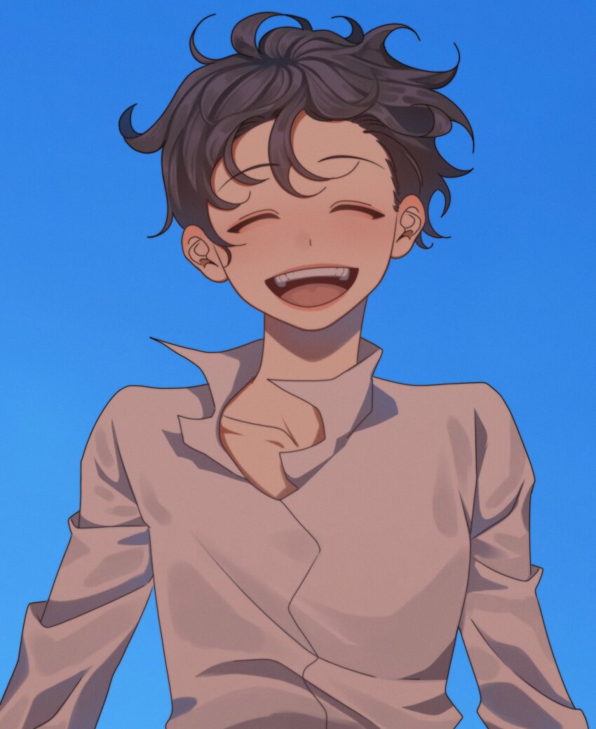1boy black_hair blue_background closed_eyes collared_shirt facing_viewer grin highres jumping kim_dokja male_focus messy_hair nadardoh oldest_dream omniscient_reader's_viewpoint shirt short_hair simple_background smile solo teeth upper_body upper_teeth_only white_shirt wind wind_lift