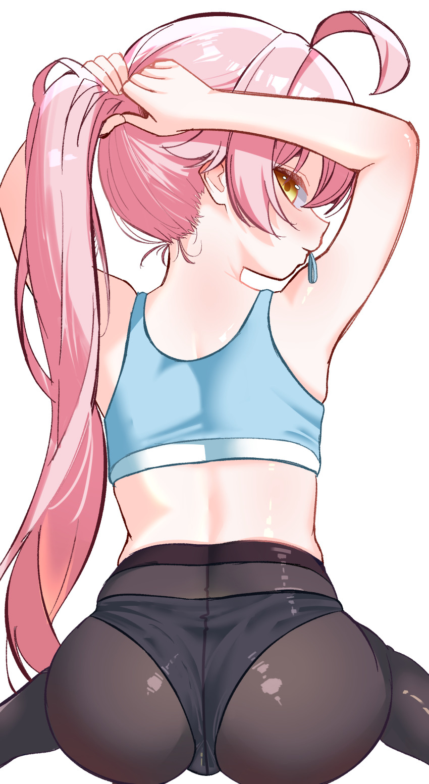 1girl absurdres ahoge arms_up ass blue_archive blush cunvaroy from_behind highres hoshino_(blue_archive) legs loli long_hair looking_at_viewer looking_back panties panties_under_pantyhose pantyhose pink_hair ponytail shiny_clothes sitting solo sports_bra thighs underwear wedgie yellow_eyes